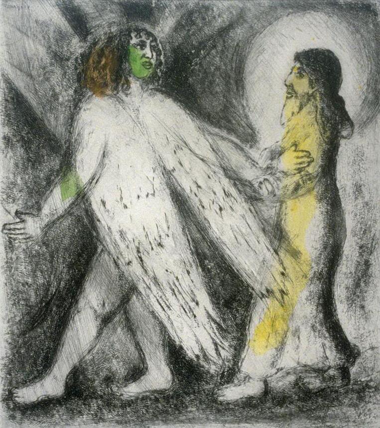 Angel Leading Elijah contemporain Marc Chagall Peintures à l'huile